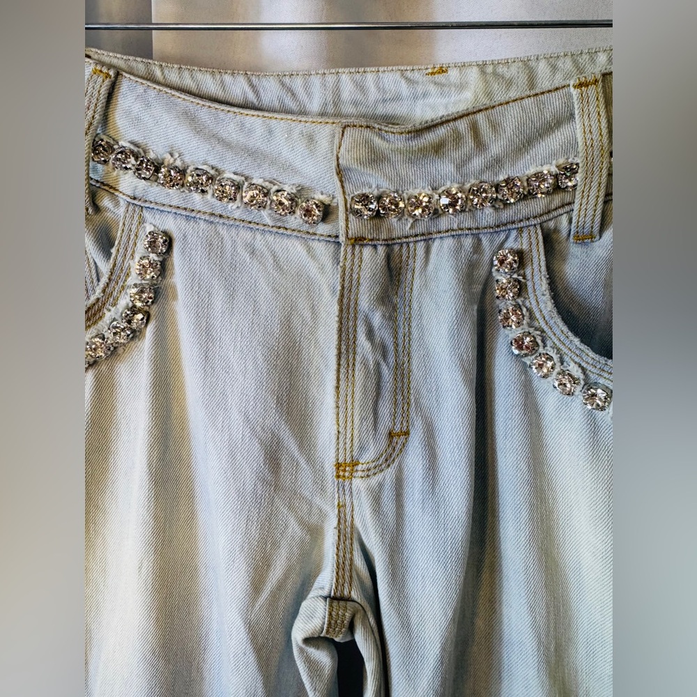 Y2K Blumarine Crystal Studded Acid Wash Distressed Jeans R-9” I-30” Size I44/D38 - Picture 2 of 16